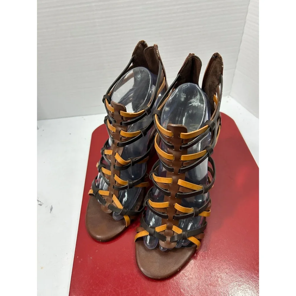 MIA Strappy Gladiator Wedge 8 Brown Multi Cage Zip Back Boho Festival Summer